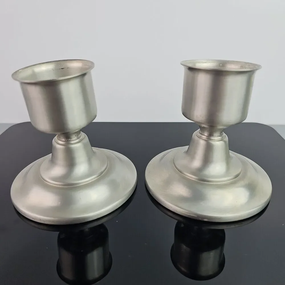 International Silver Co Pewter Satin Candle Stick Taper Holders 3.5 in Set of 2